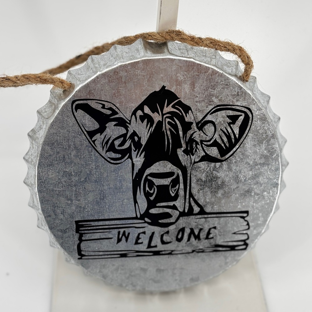 Welcome Sign Wall Decor OS Silver Galvanizedโ Metal Cow Bottle Cap Rustic New